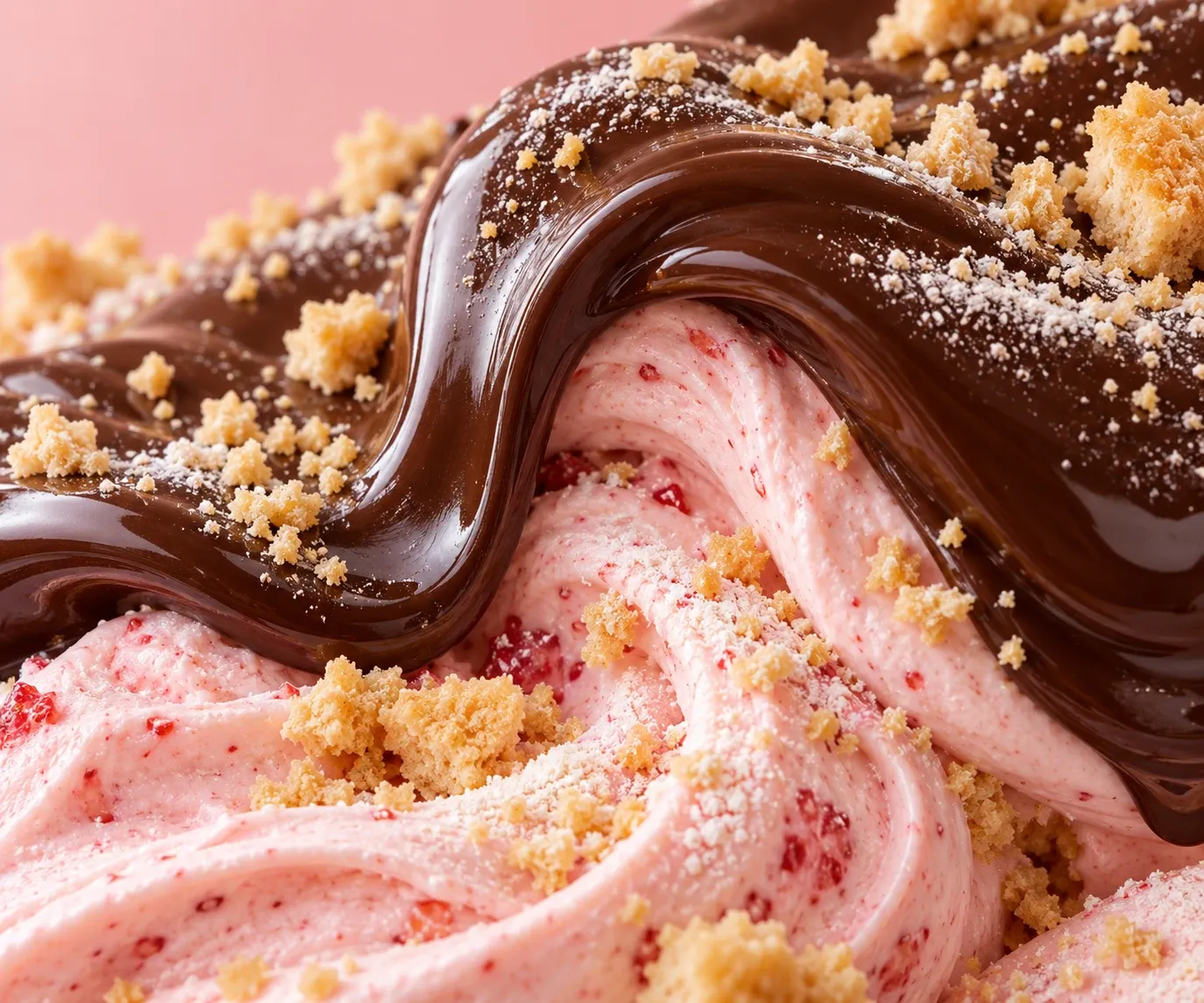 Strawberry cream swirled under dark chocolate ganache with biscuit crumble